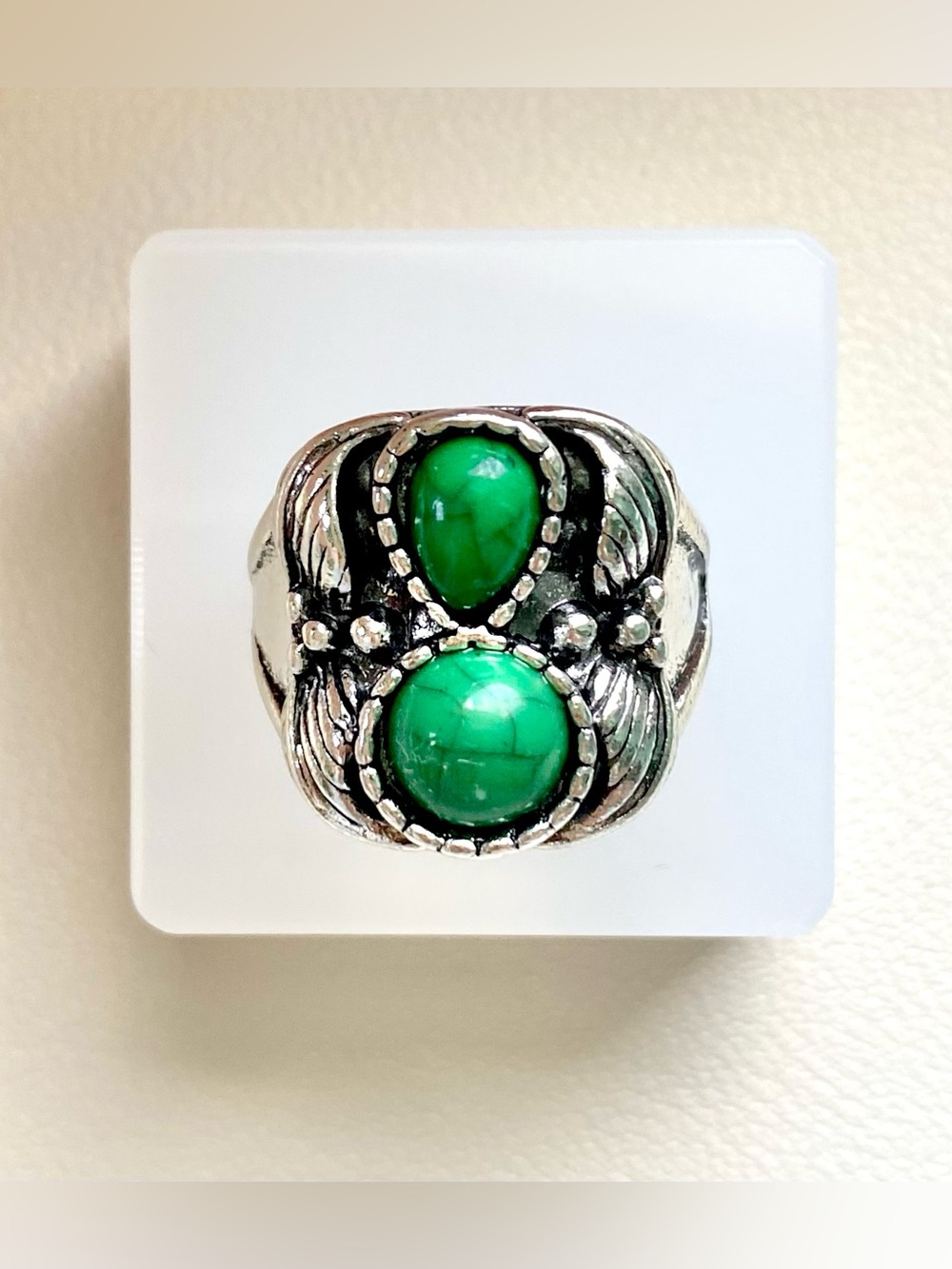 Green Turquoise Ring with Silver Accents